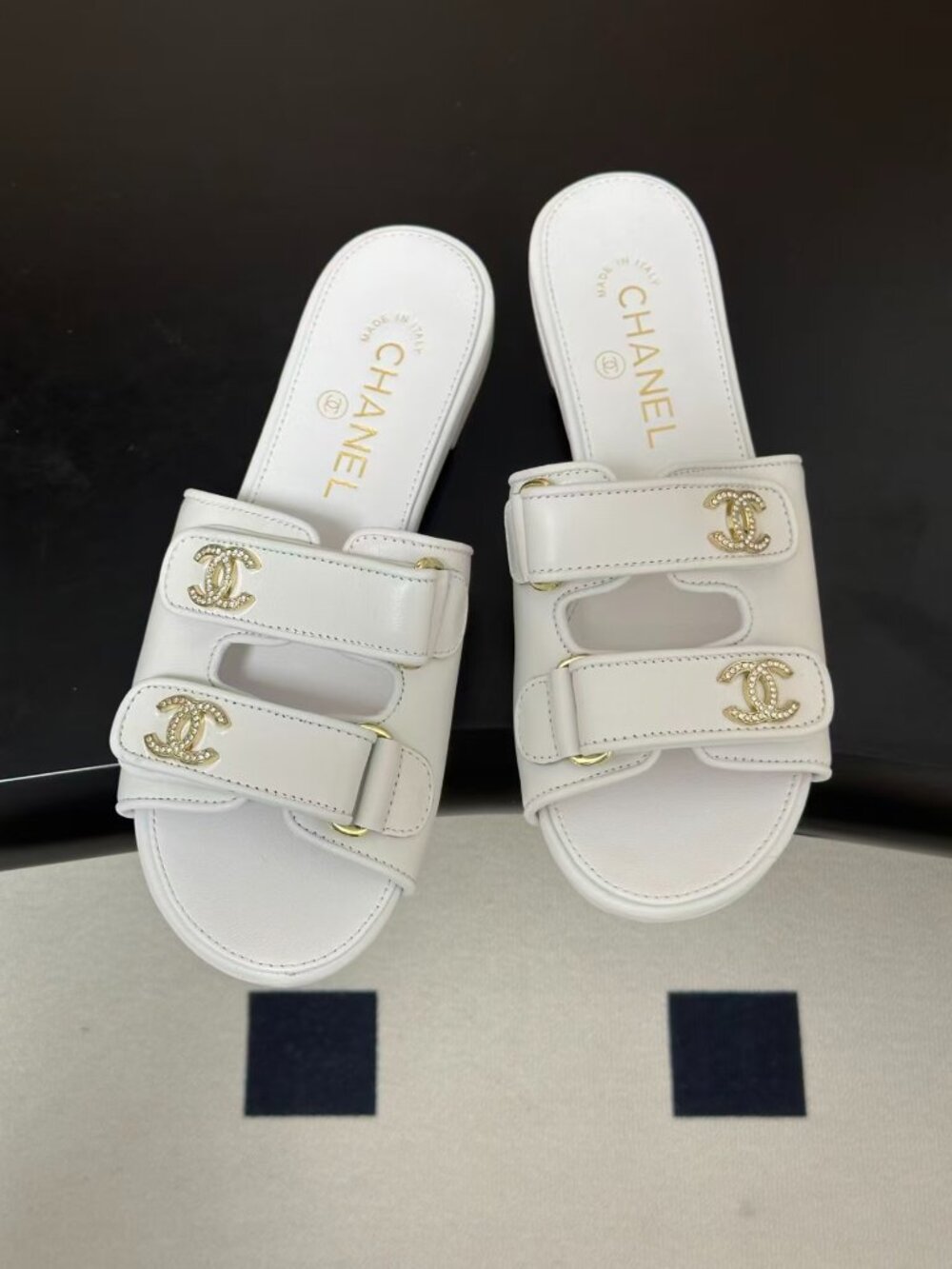 Chanel White Dual Strap Slide Sandals Crystal Embellished CC Logo Adjustable